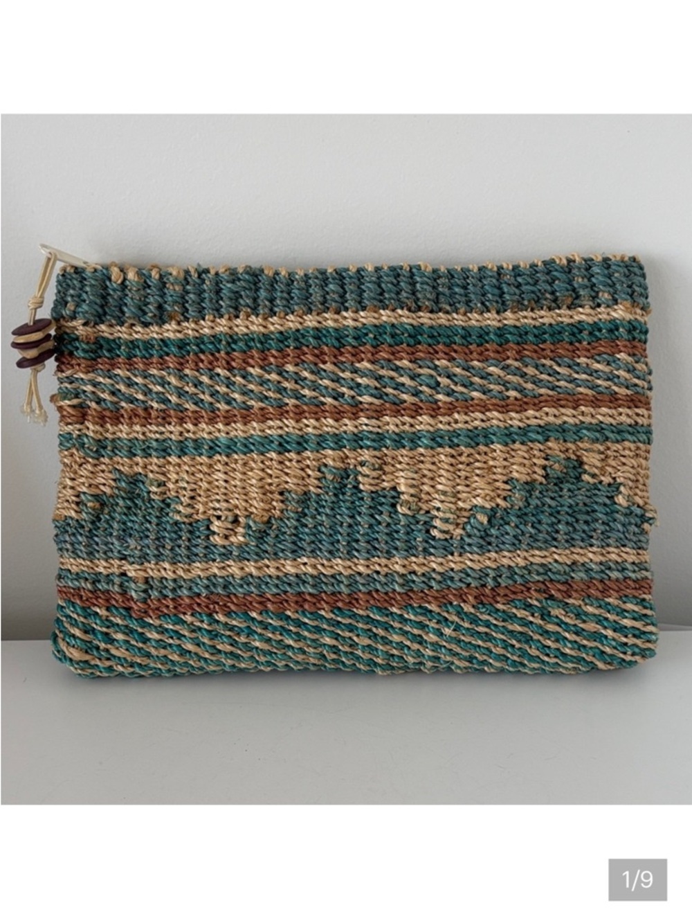 Vintage straw raffia clutch purse top zipper summer beach evening accessory teal